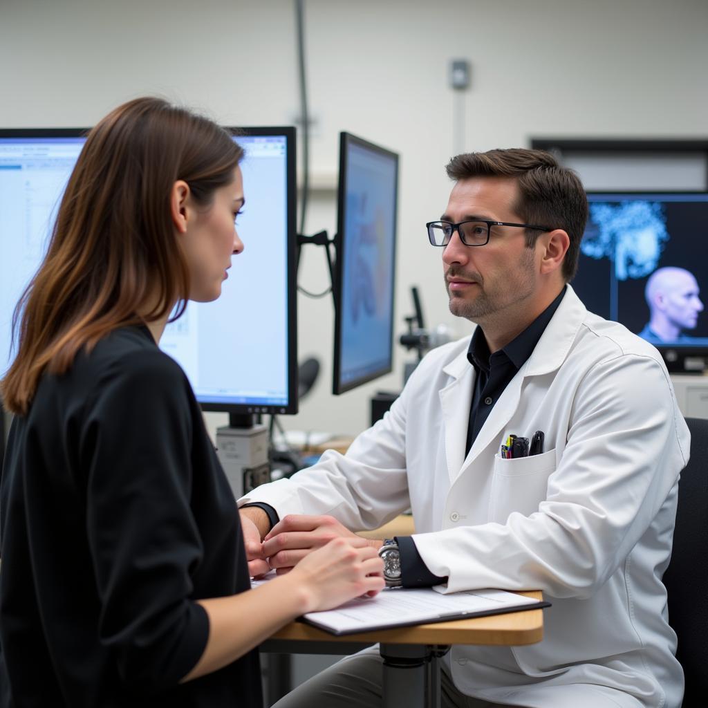 A research neuropsychologist conducting cognitive assessments in a lab setting