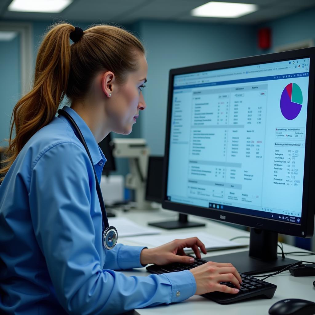 A research nurse carefully reviews data on a computer, ensuring accuracy and completeness for a clinical trial.