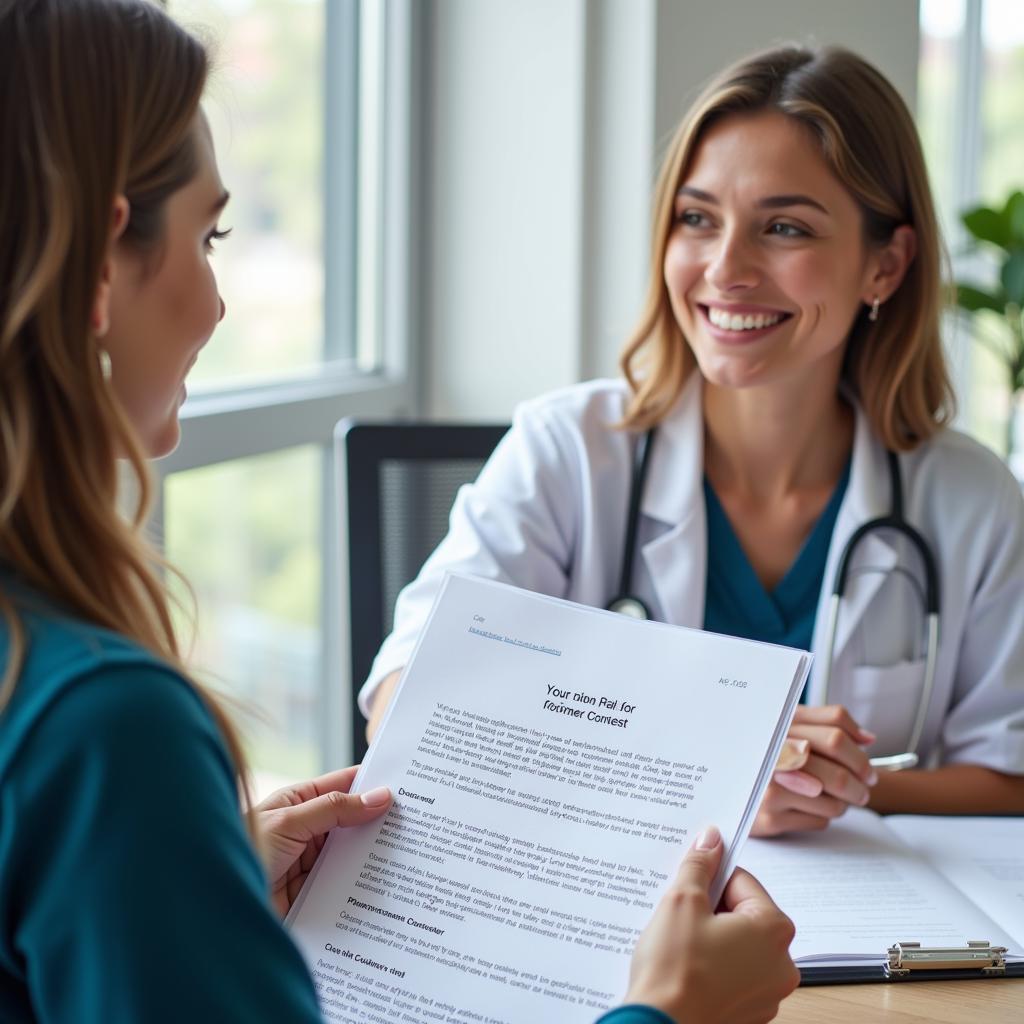 A research nurse diligently works with a patient, explaining a clinical trial and taking notes.