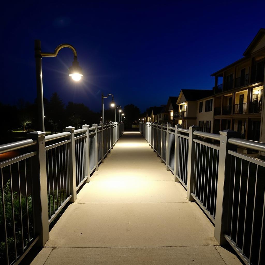 Well-lit pedestrian bridge at night in research park apartments, highlighting safety features