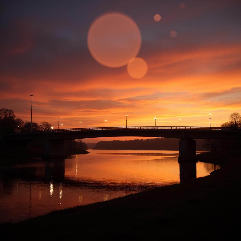 Sunset over research park bridge with orbs