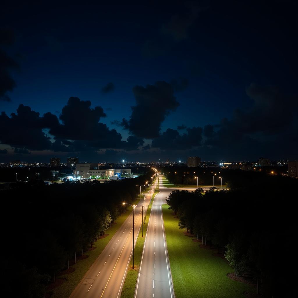 Research Parkway Orlando at night, showcasing the streetlights and the surrounding buildings, creating a mysterious atmosphere.