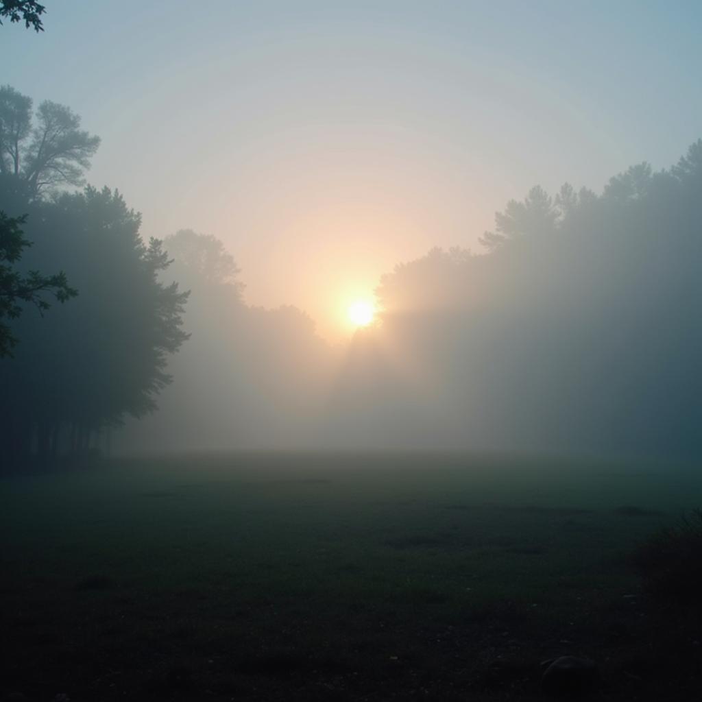 Research Triangle Park Foggy Morning: A foggy morning scene in the park, with the sun trying to break through the mist, creating an ethereal and mysterious atmosphere.