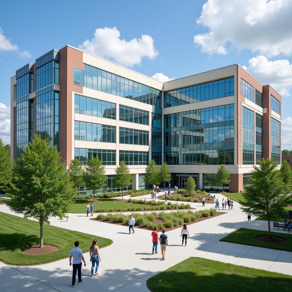 Research Triangle Park pharmaceutical company campus bustling with activity