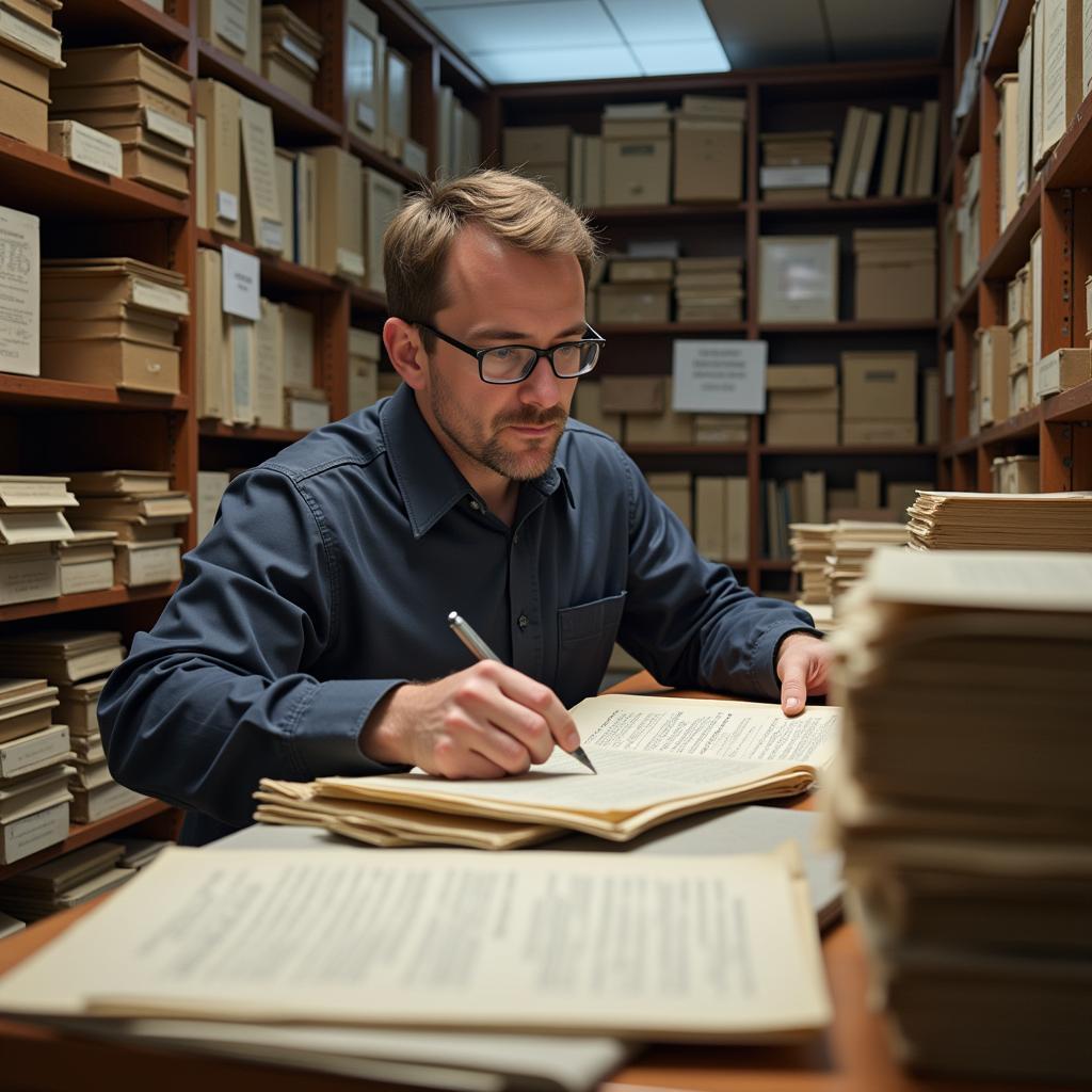 Researcher Examining Documents in Air Force Archives