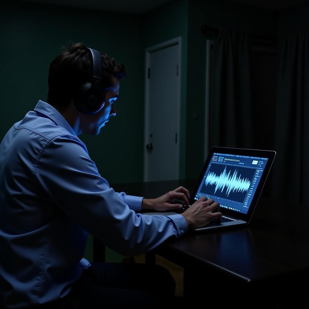 A researcher wearing headphones intently analyzes an audio waveform on a laptop screen, searching for evidence of electronic voice phenomena (EVPs). This image depicts the meticulous work involved in paranormal research.