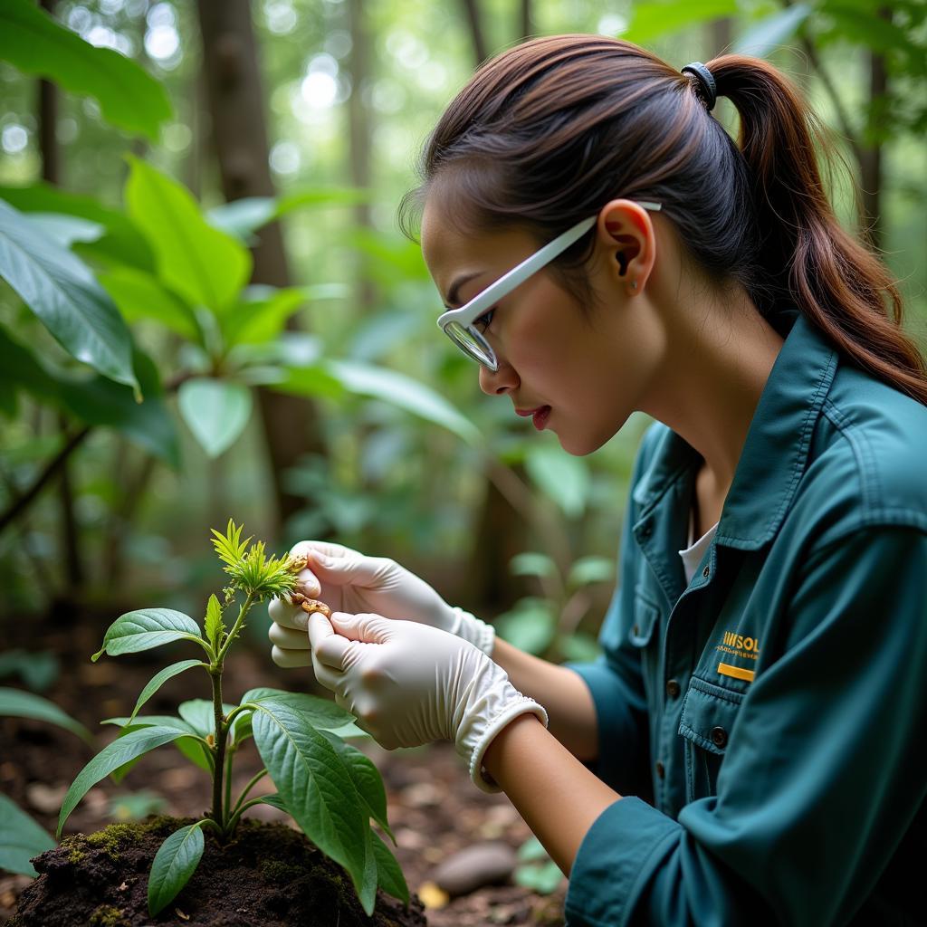 Researcher Examining an Unidentified Plant Specimen