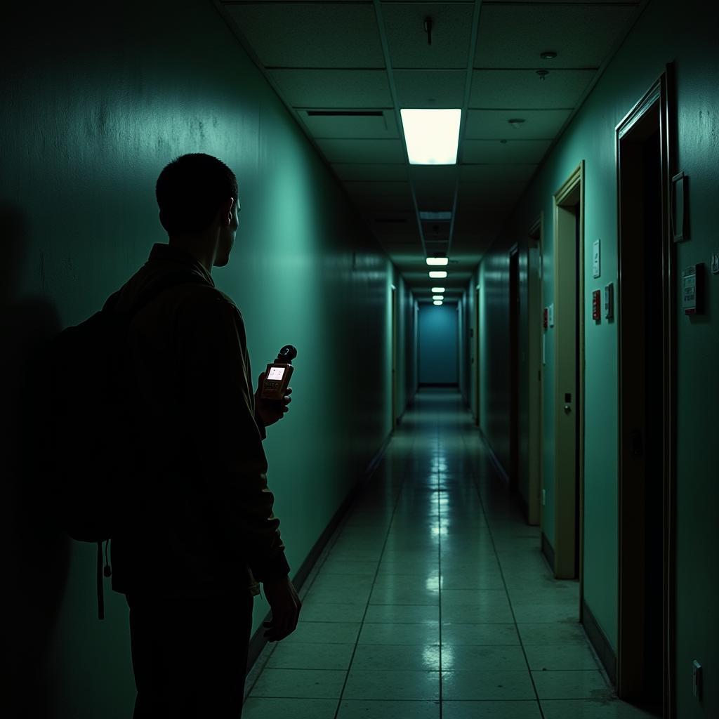 A paranormal researcher equipped with EMF meter investigating a dimly lit corridor within the David Jurist Research Building, conveying a sense of meticulous investigation.