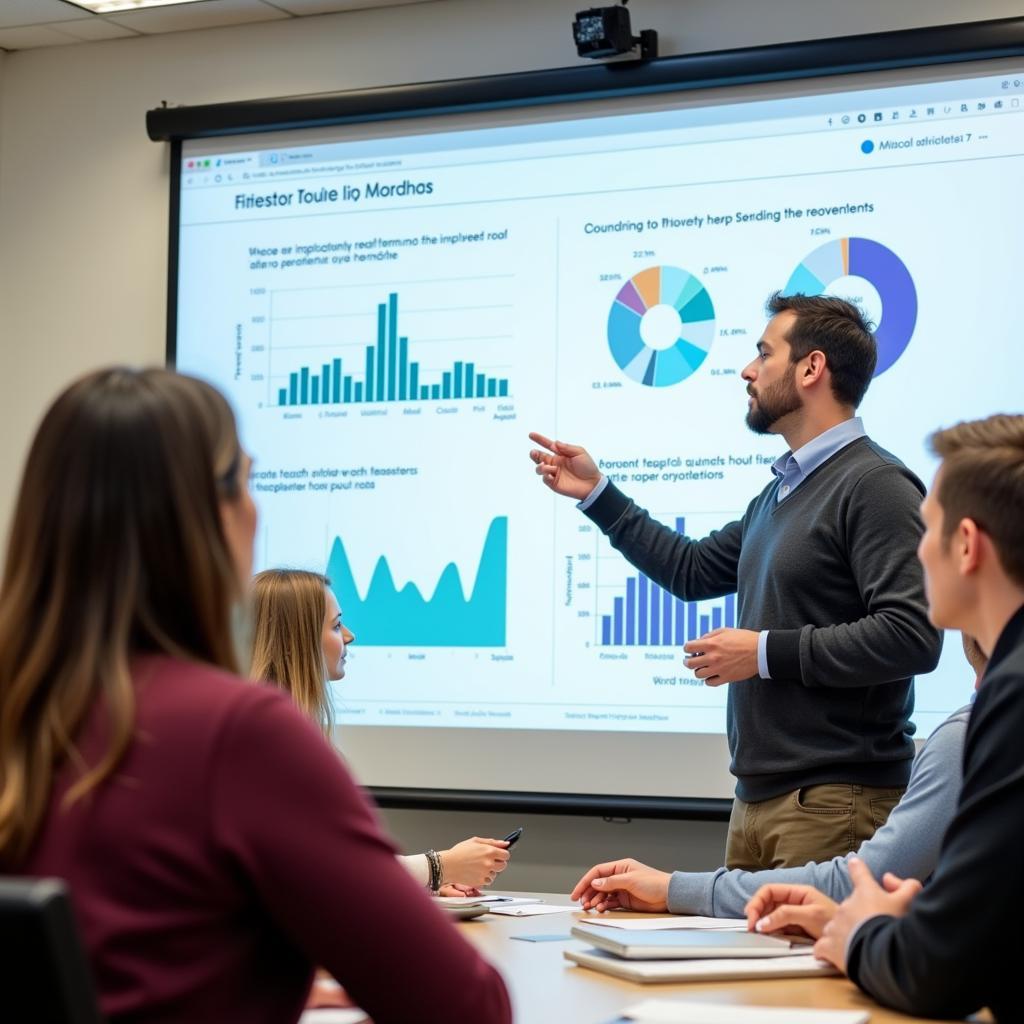 Researcher presenting data and analysis to an advisory board