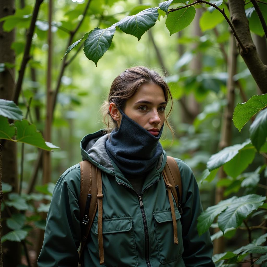 Researcher Wearing Neck Gaiter in Forest Environment