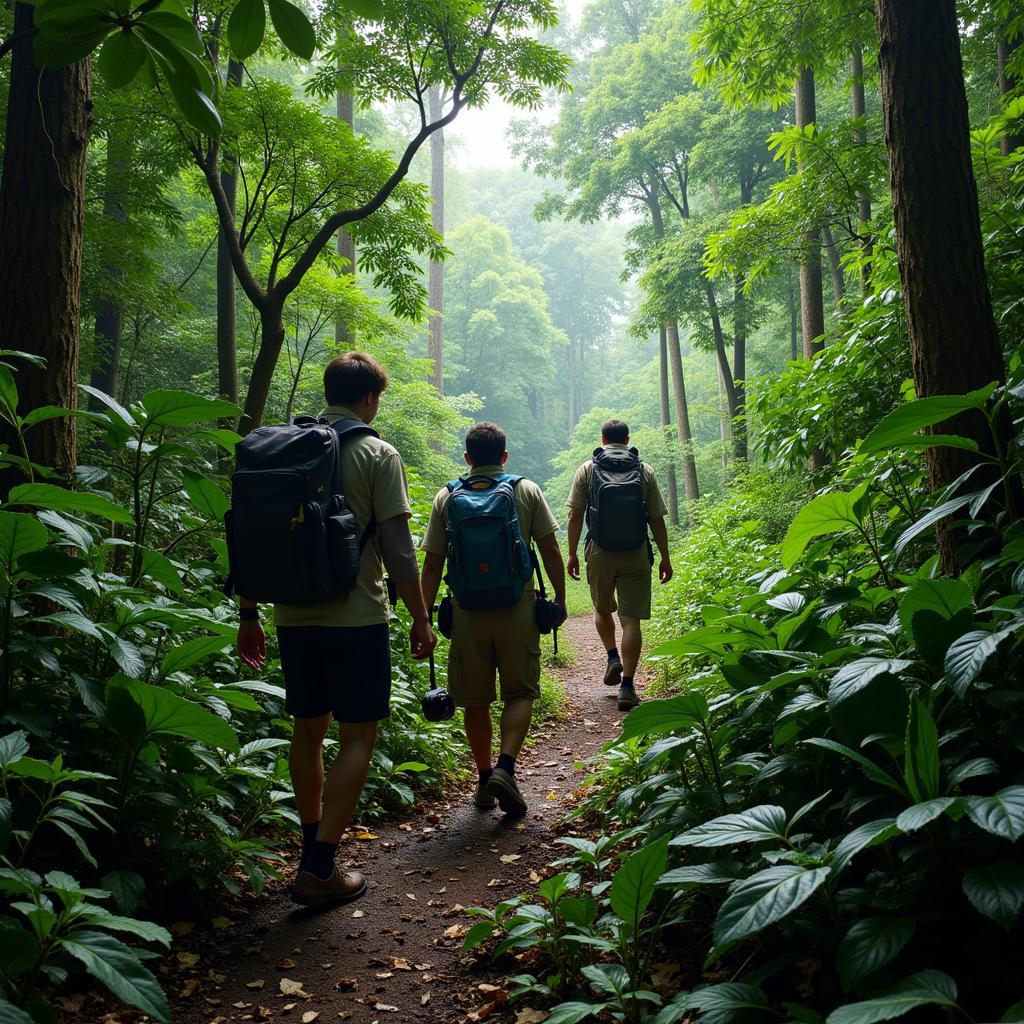 Expedition Team Trekking Through Dense Jungle