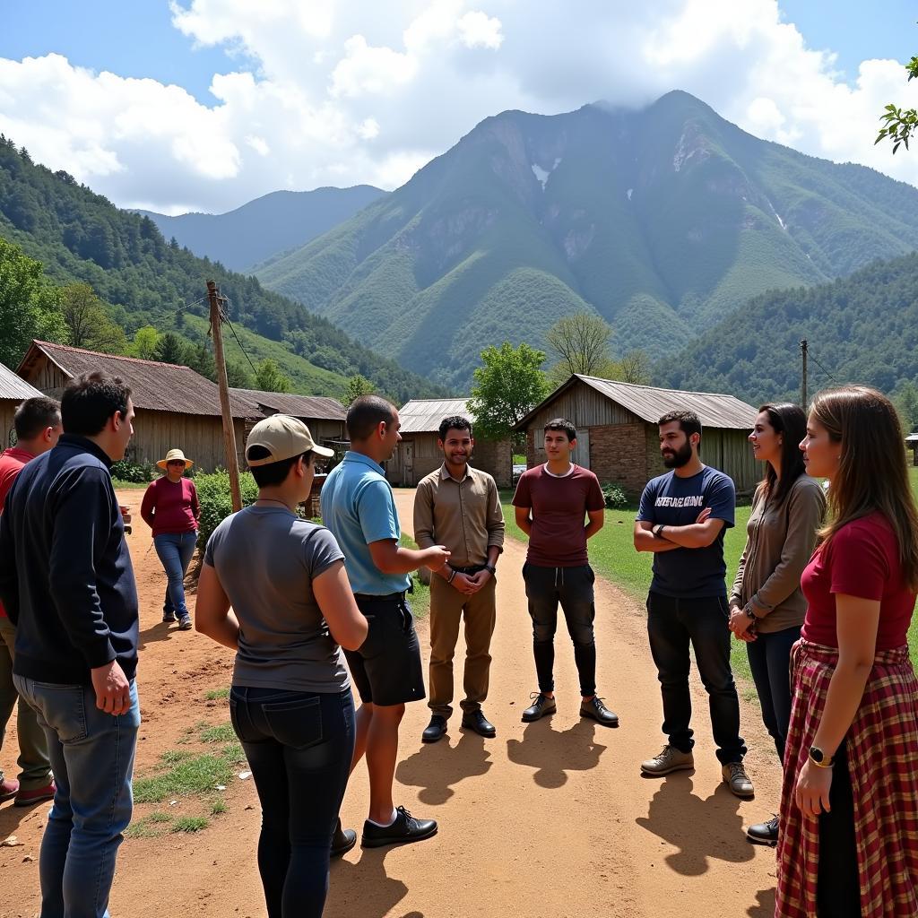 Researchers collaborating with local community members in a highland setting