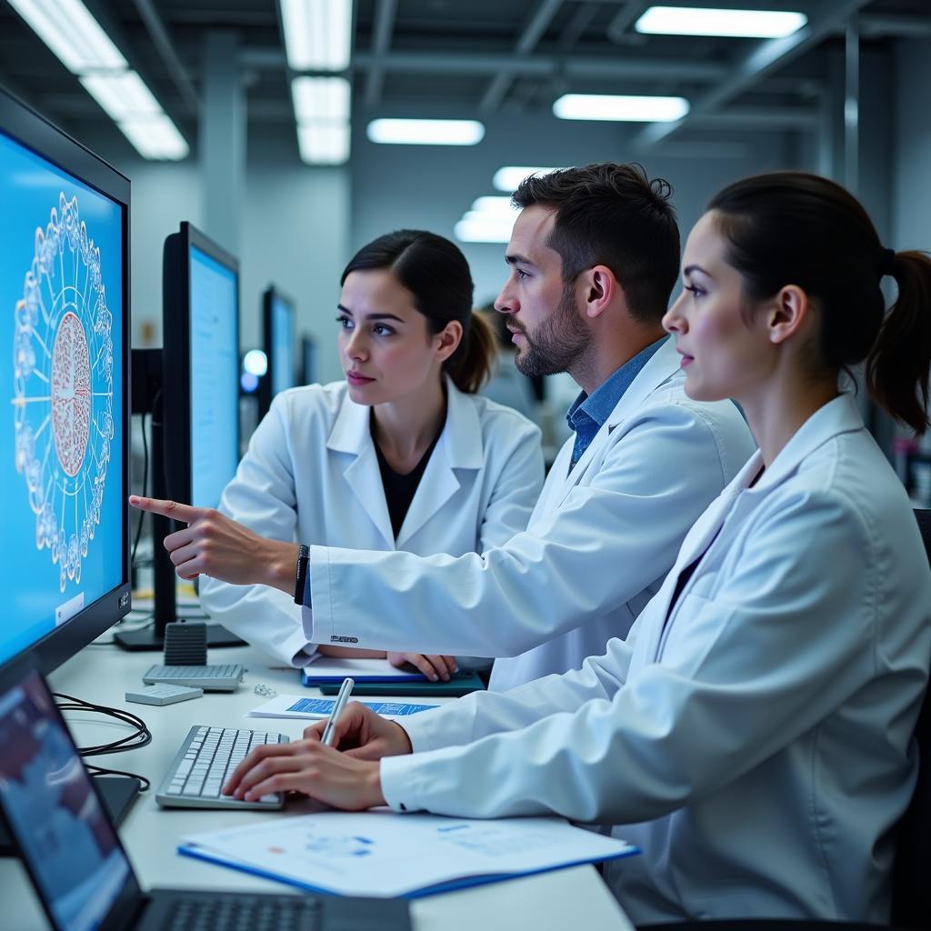 Scientists collaborating on a project inside a lab at 2195 Research Row.