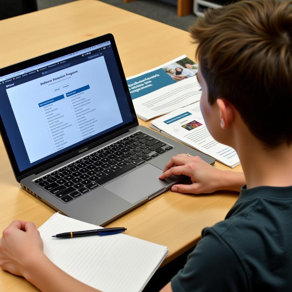 A student carefully reviews information about different online research programs.