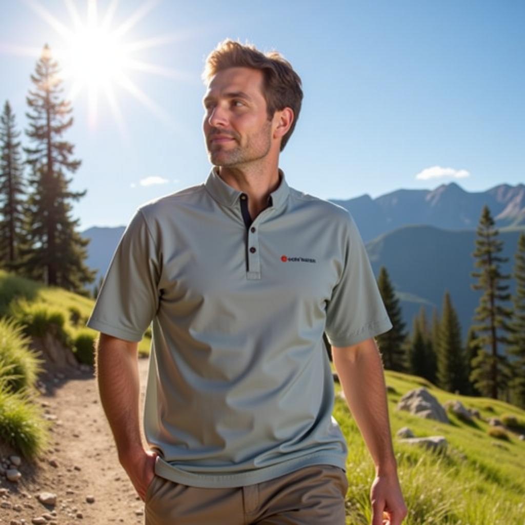 A hiker wearing a short sleeve Outdoor Research Astroman Sun Shirt while hiking on a sunny trail.