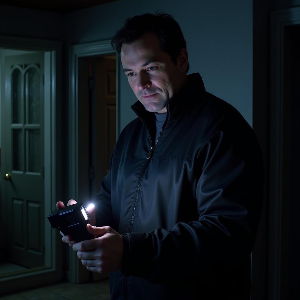 Paranormal Investigator Using Shunyata Research Venom Defender During an Investigation