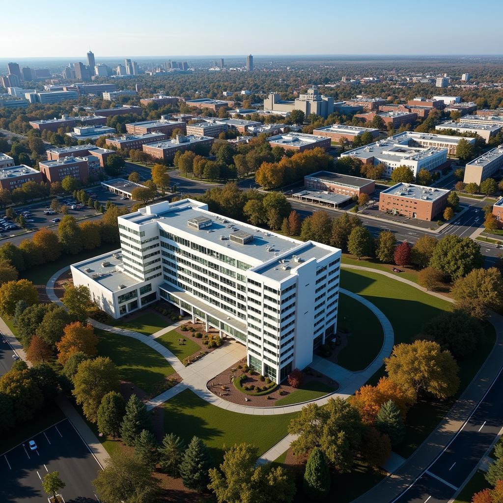 Aerial view of the Slone Research Building and surrounding area