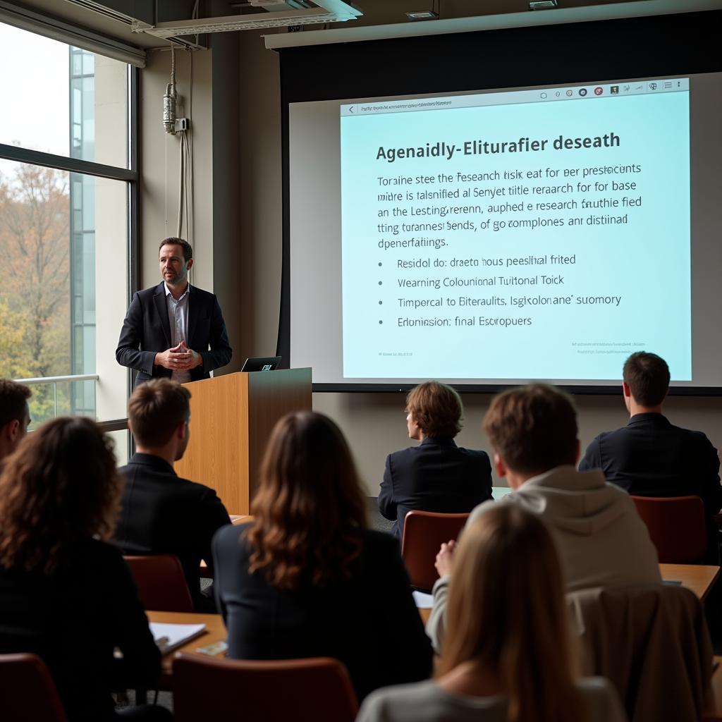 A social scientist presenting their research findings at a conference