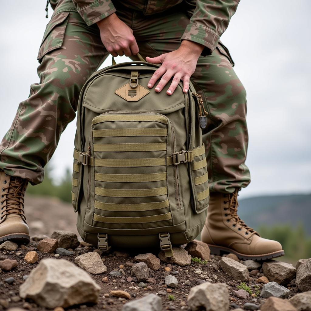 Soldier testing the durability of an Outdoor Research military backpack in rugged terrain