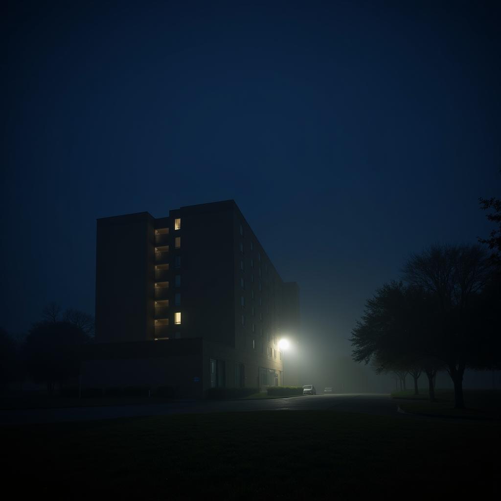 Night view of Springhill Suites University Research Park with an eerie mist.