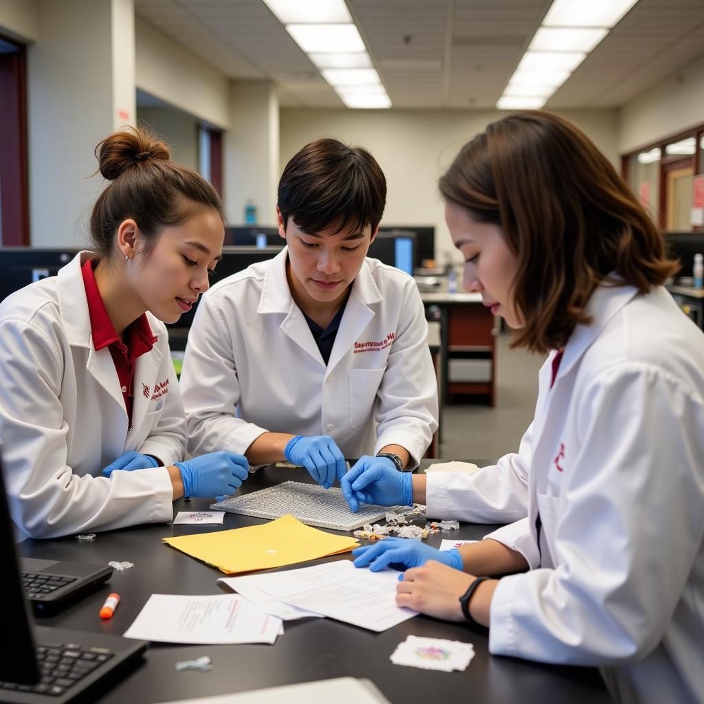 Stanford iGEM team collaborating on a synthetic biology project in the lab