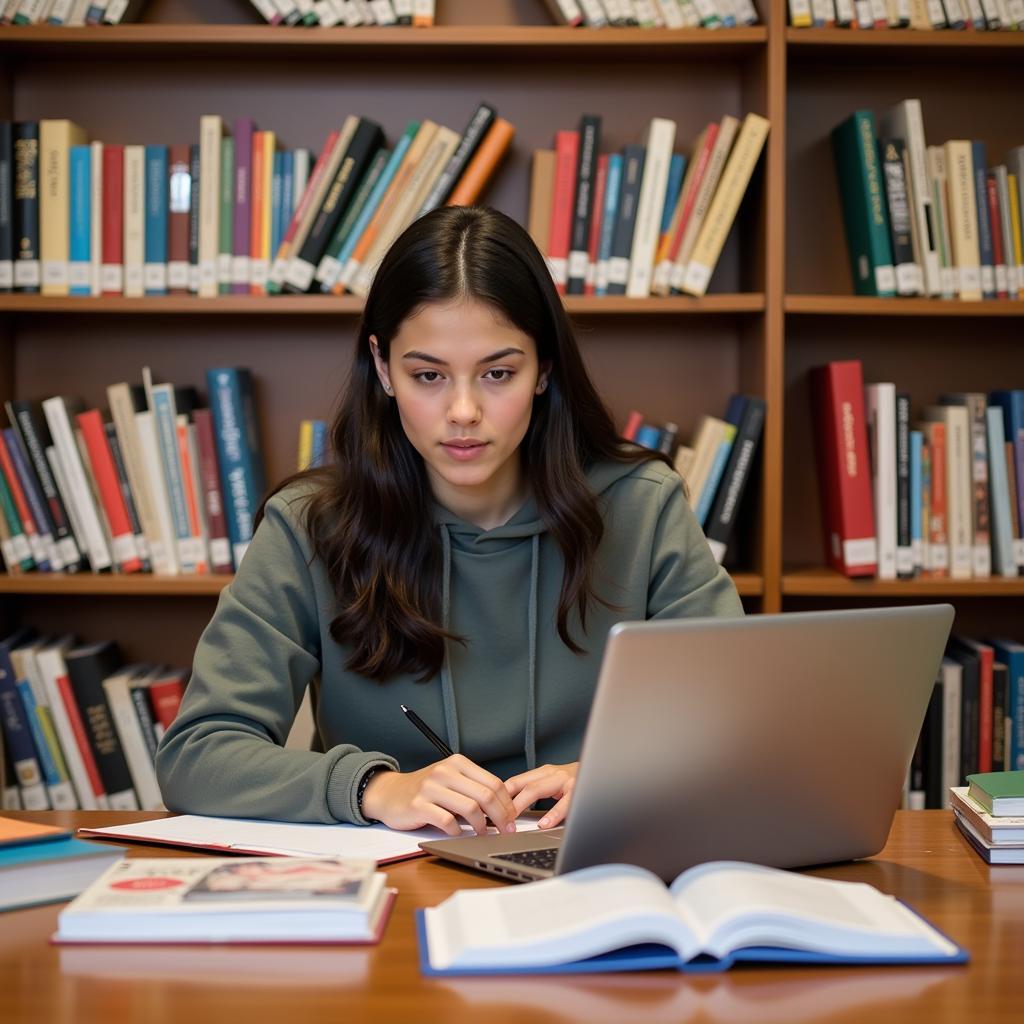 Student Conducting Research in Library