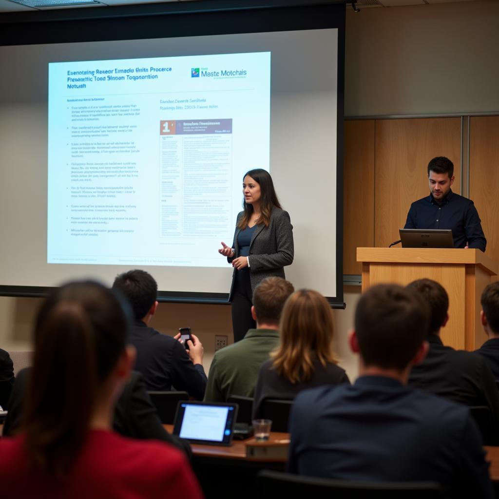 Student presenting research at an academic conference