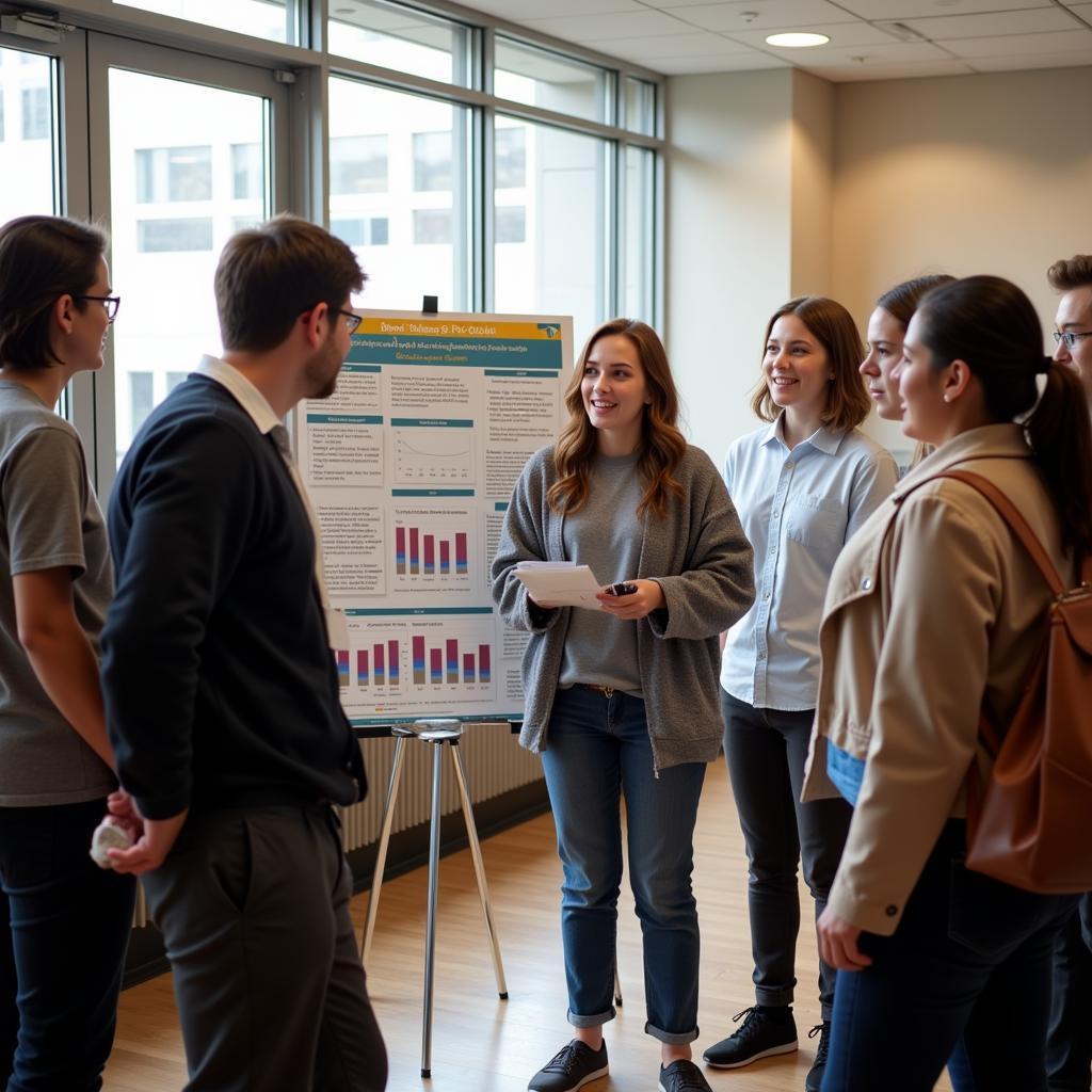 Student confidently presenting their research findings at a science fair, using a visual aid.