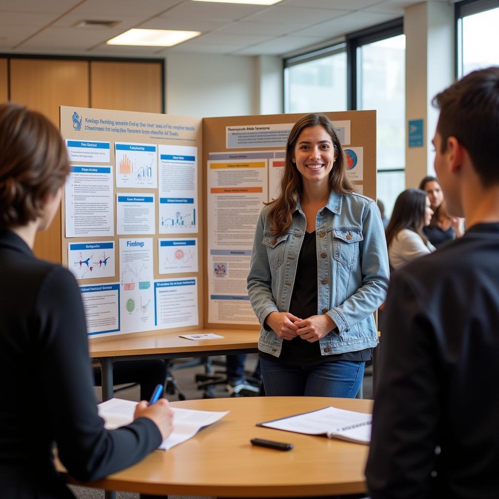 A high school student presenting their research findings at a science fair, using a poster board and engaging with judges.