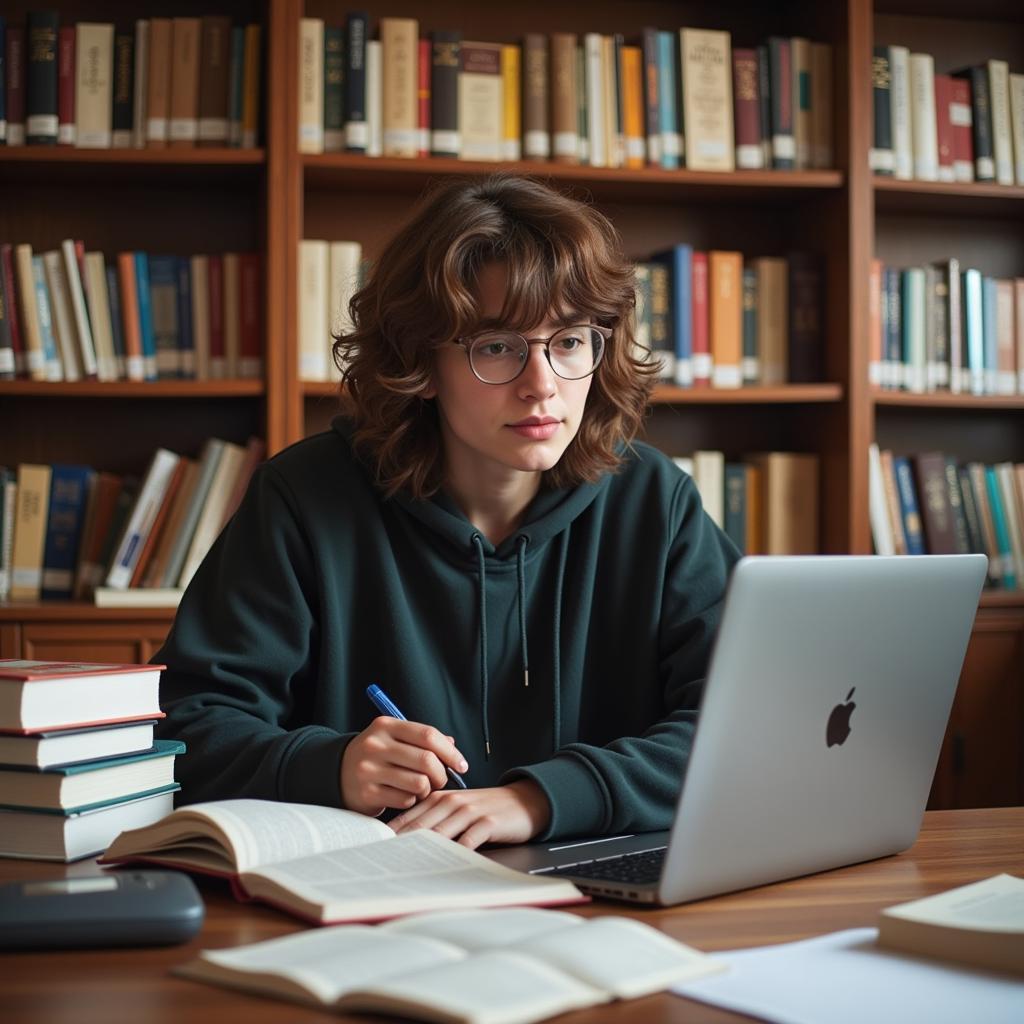 Student researching on a laptop in a library