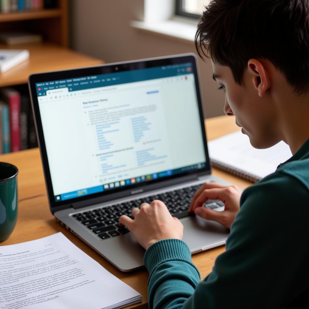 Student Working on Research Paper Outline on Laptop