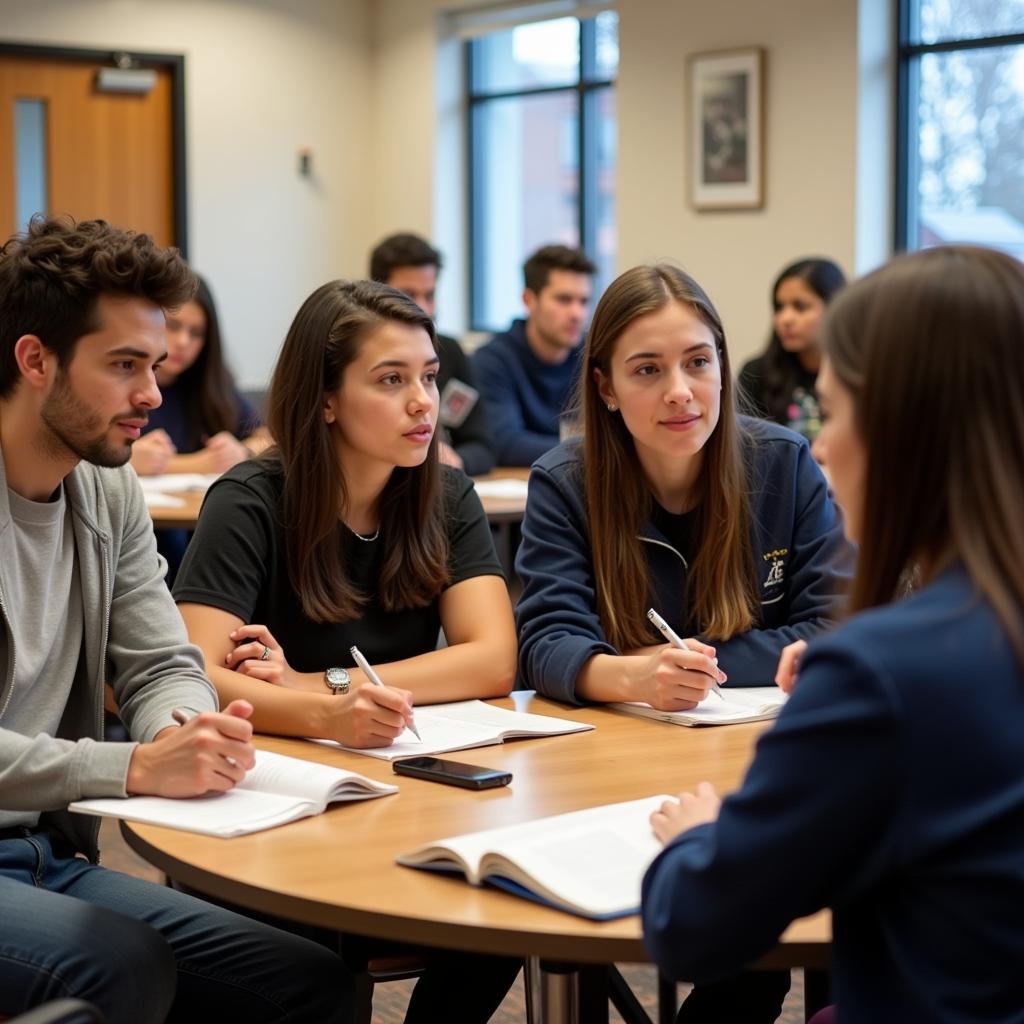 High school students actively engaging in a career research workshop, asking questions and taking notes.