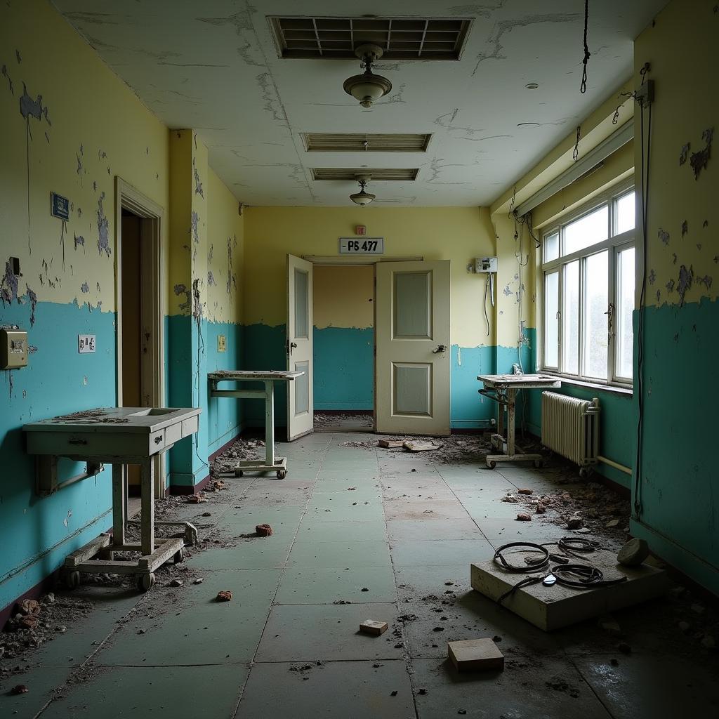 Dimly lit interior of the abandoned Ward 7 at Sunnybrook Research Institute, showing peeling paint and discarded medical equipment.