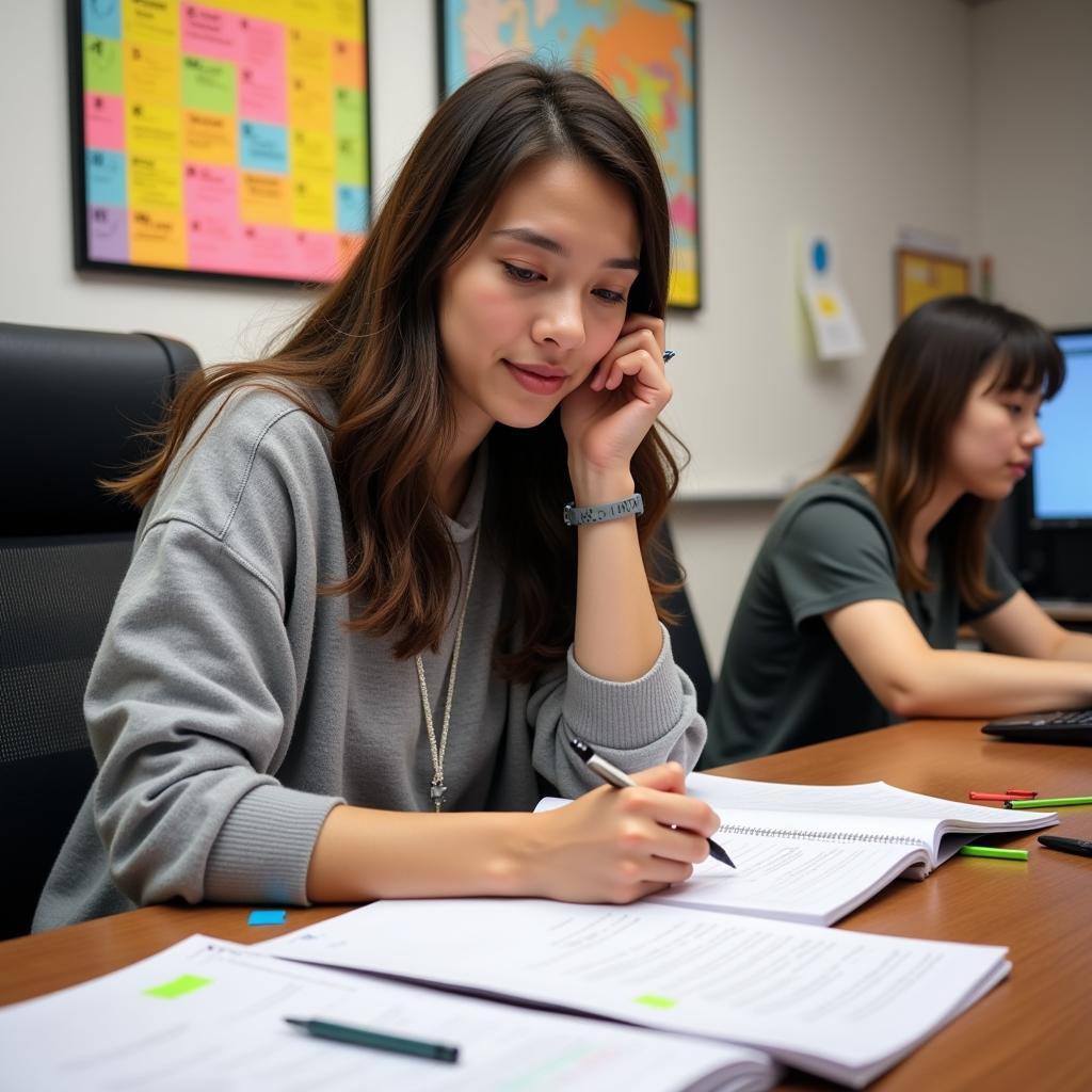 Teacher reviewing student work for action research project