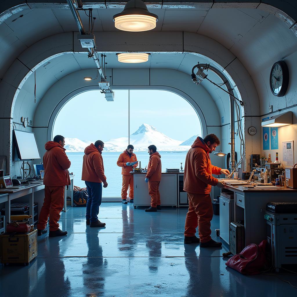 Scientists conducting research at Troll Research Station, showcasing the diverse range of scientific equipment and instruments used in the harsh Antarctic environment