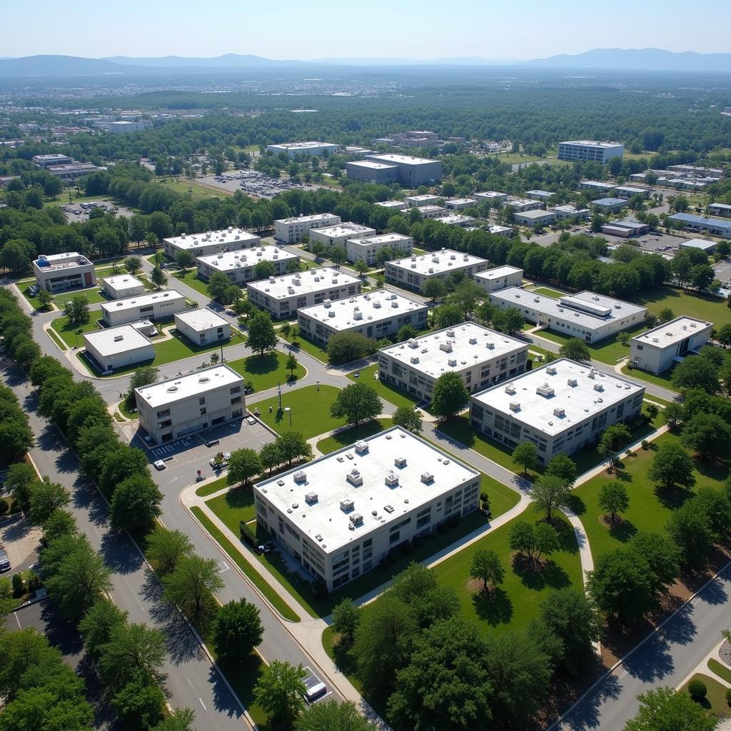 Aerial view of University Research Park, showcasing its extensive facilities and proximity to 8740 Research Dr.