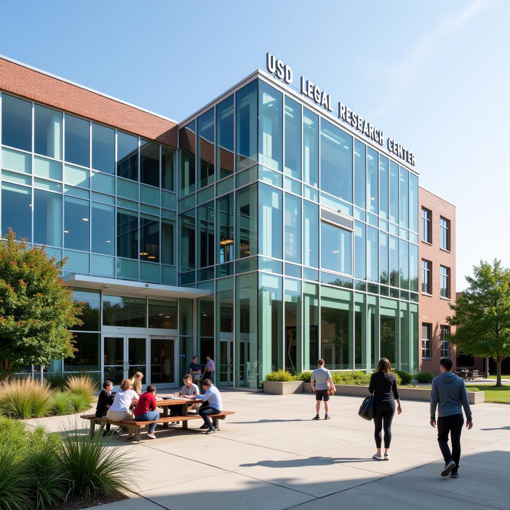 Modern building housing the USD Legal Research Center with students studying in the foreground.