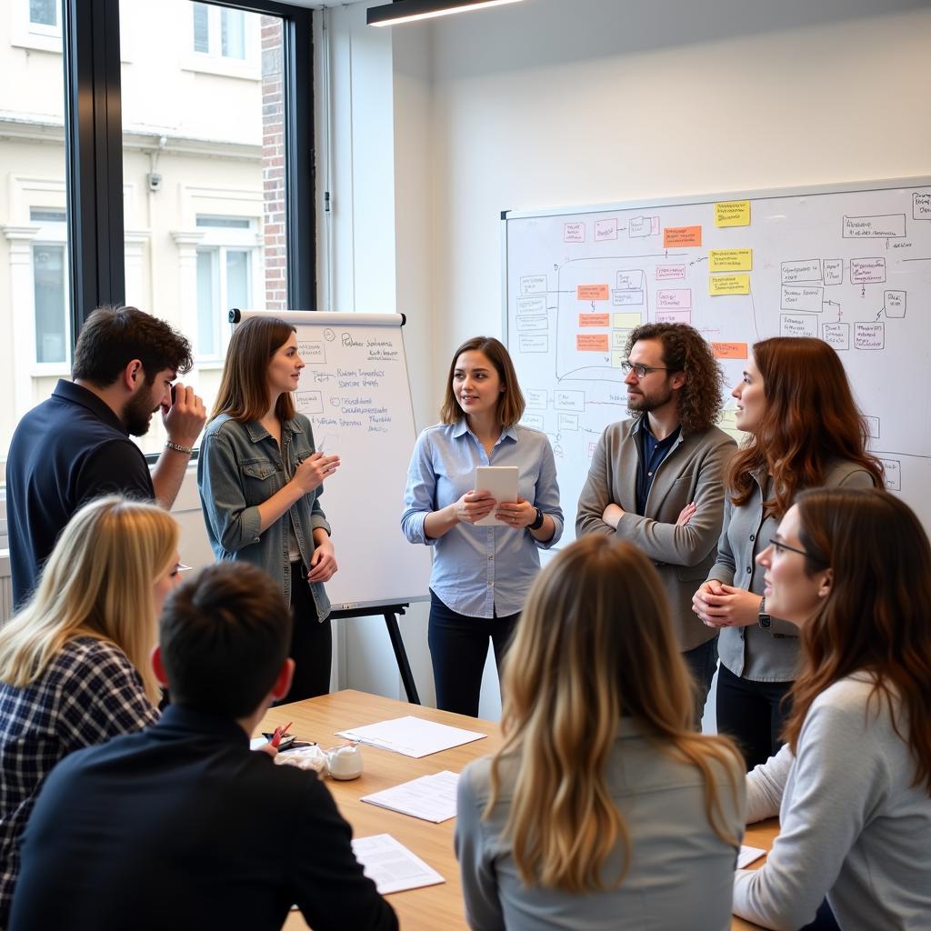 A UX research team collaborating on a project, discussing user insights and brainstorming solutions.