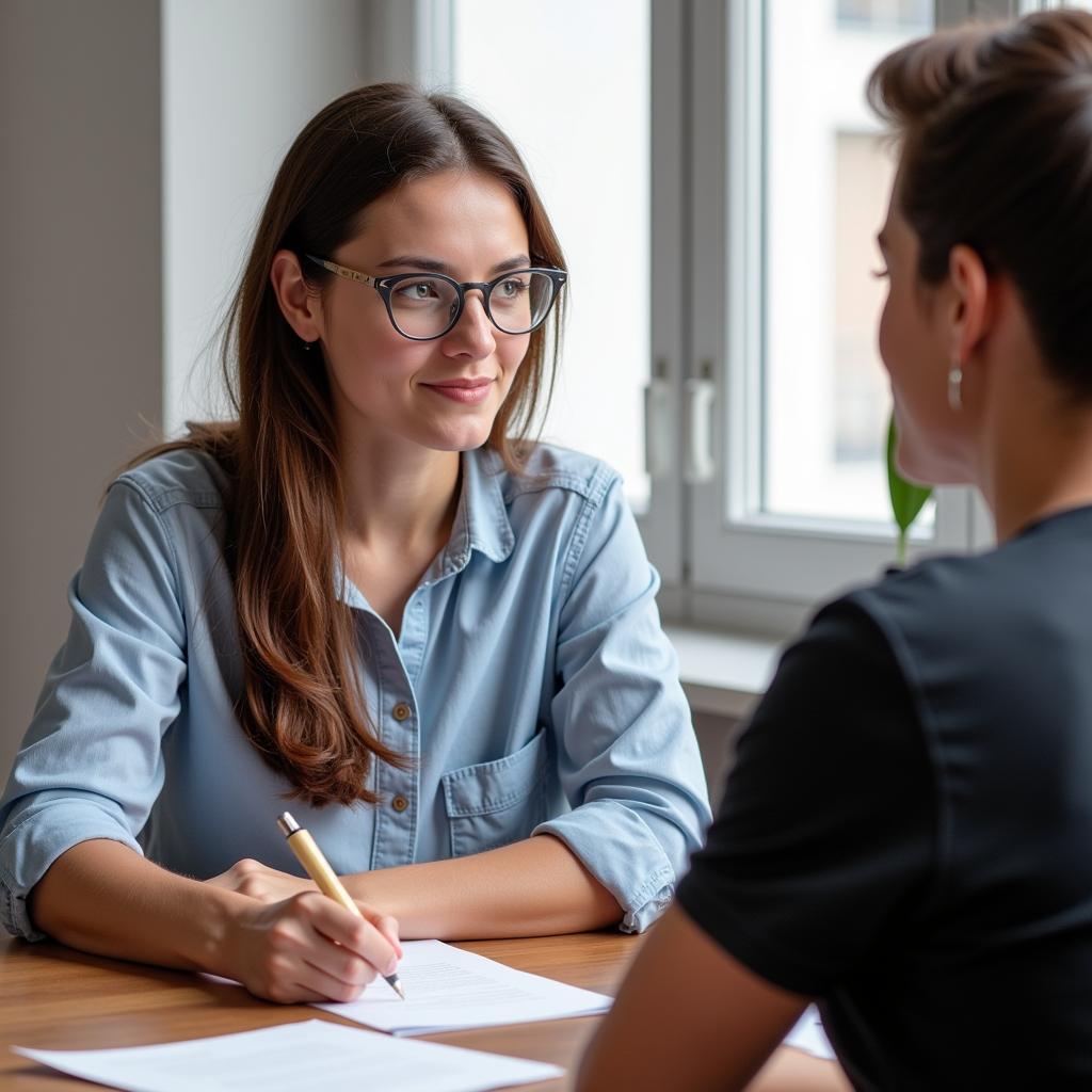 A UX researcher conducting a user interview, actively listening and taking notes.