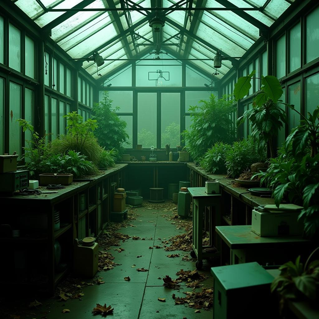 Interior view of a greenhouse at the Vault-Tec Agricultural Research Center