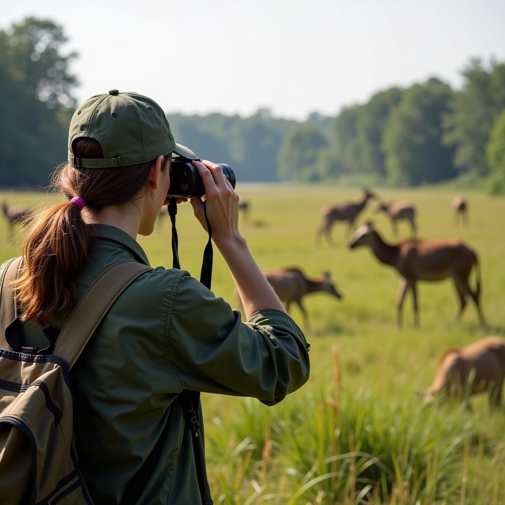 Wildlife Researcher Observing Animals in Natural Habitat