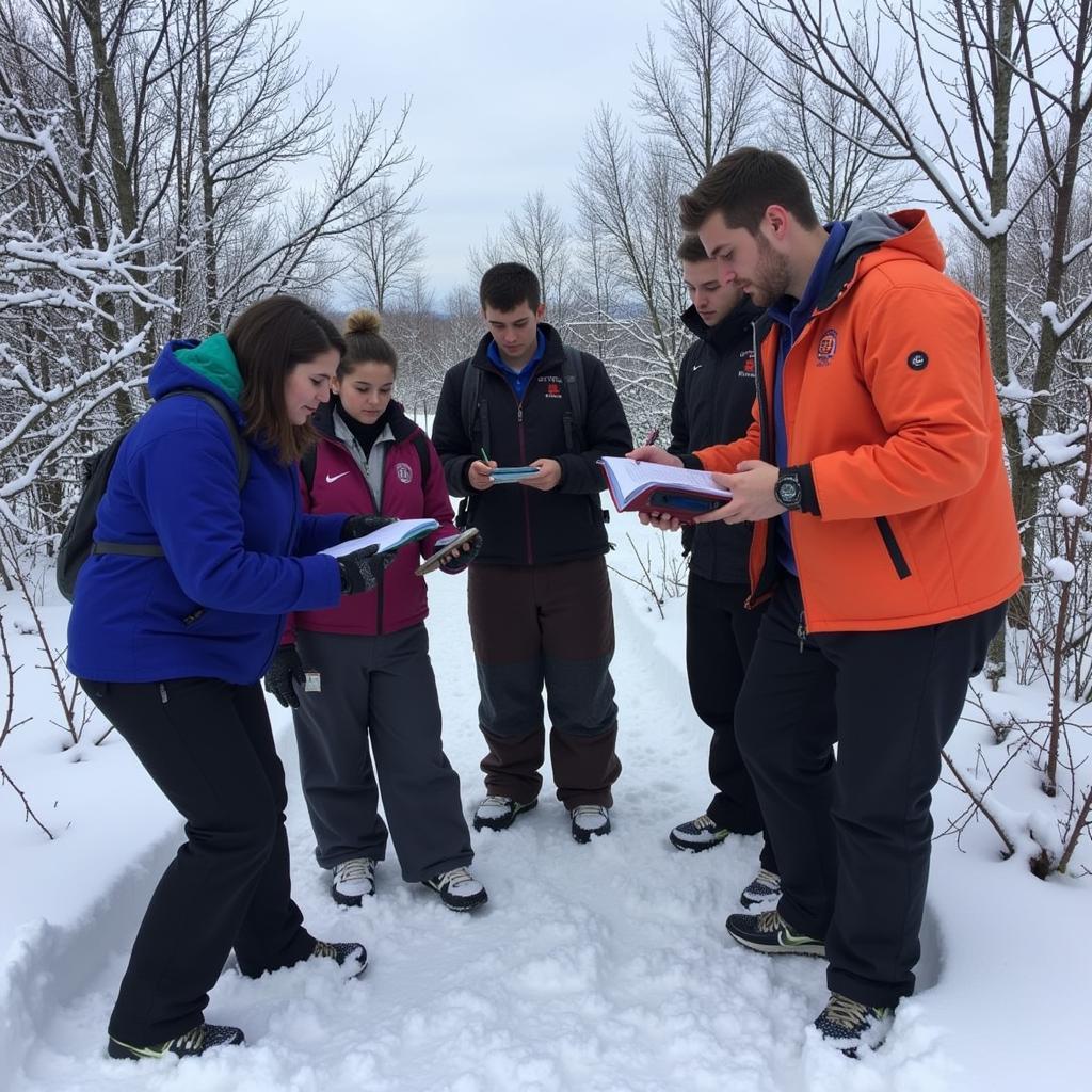 Students conducting field research during a winter program