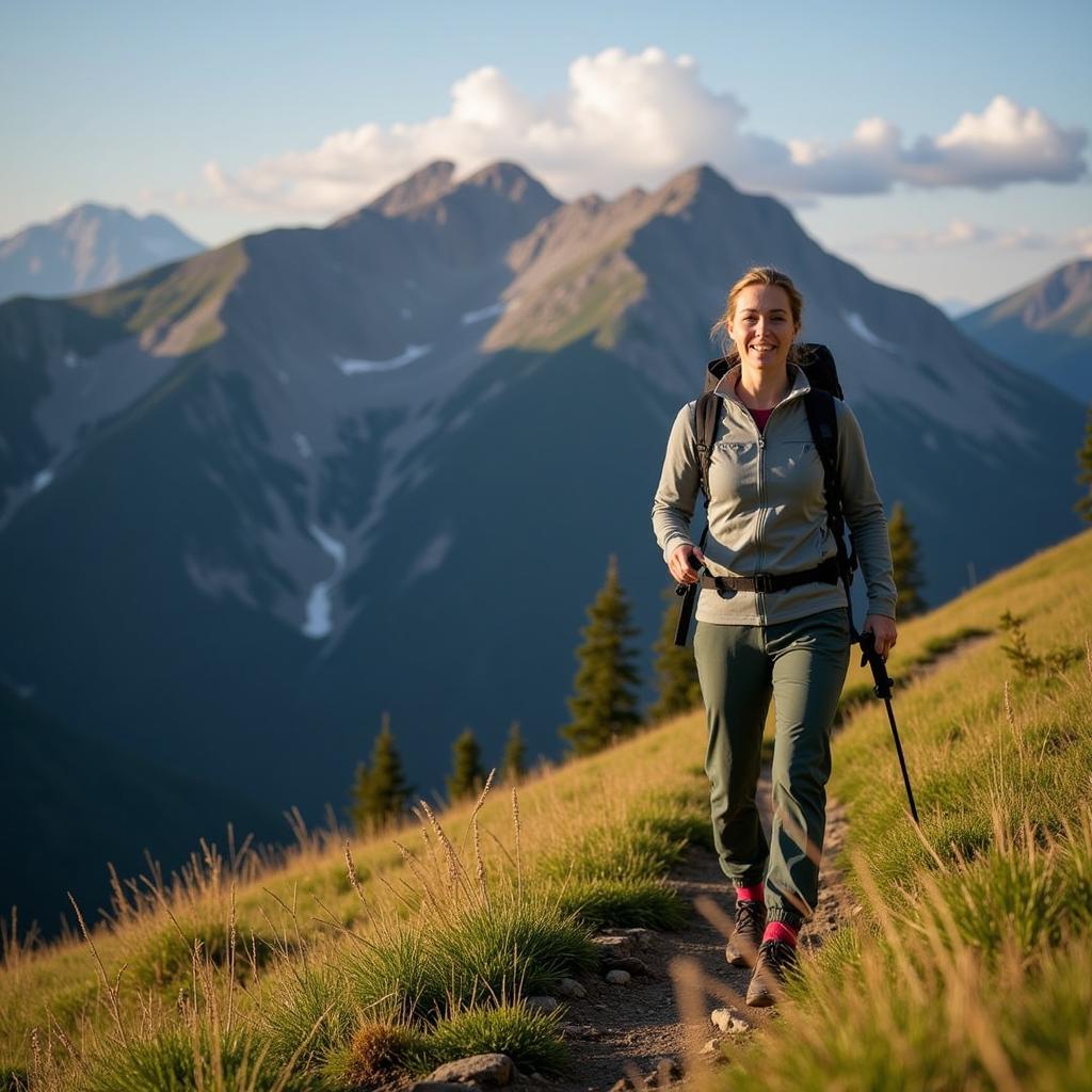 Woman hiking in Ferrosi pants on a mountain trail