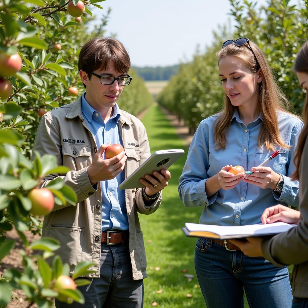 WSU Tree Fruit Research Center Scientists Conducting Research in an Orchard