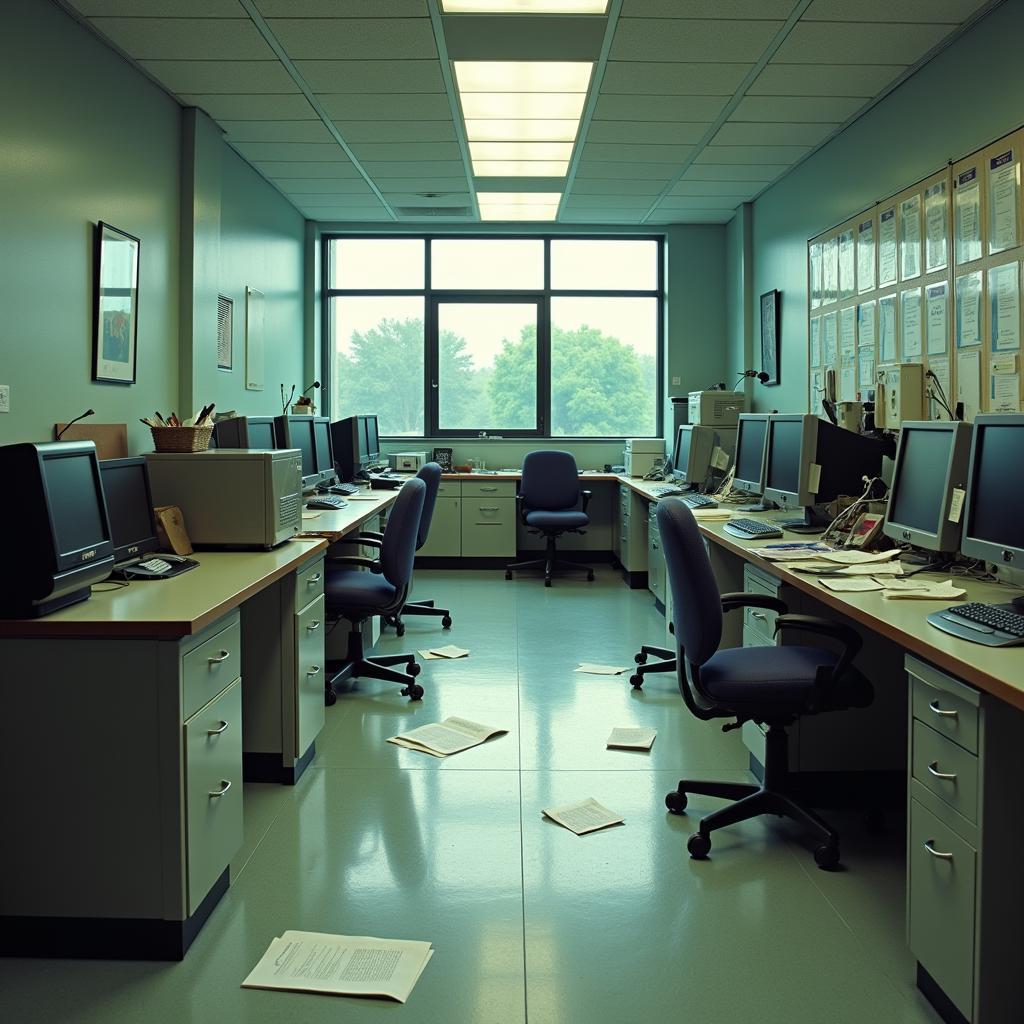 An empty laboratory at the Yorktown IBM Research Center with equipment seemingly turned on and papers scattered on the floor, hinting at a hasty exit.