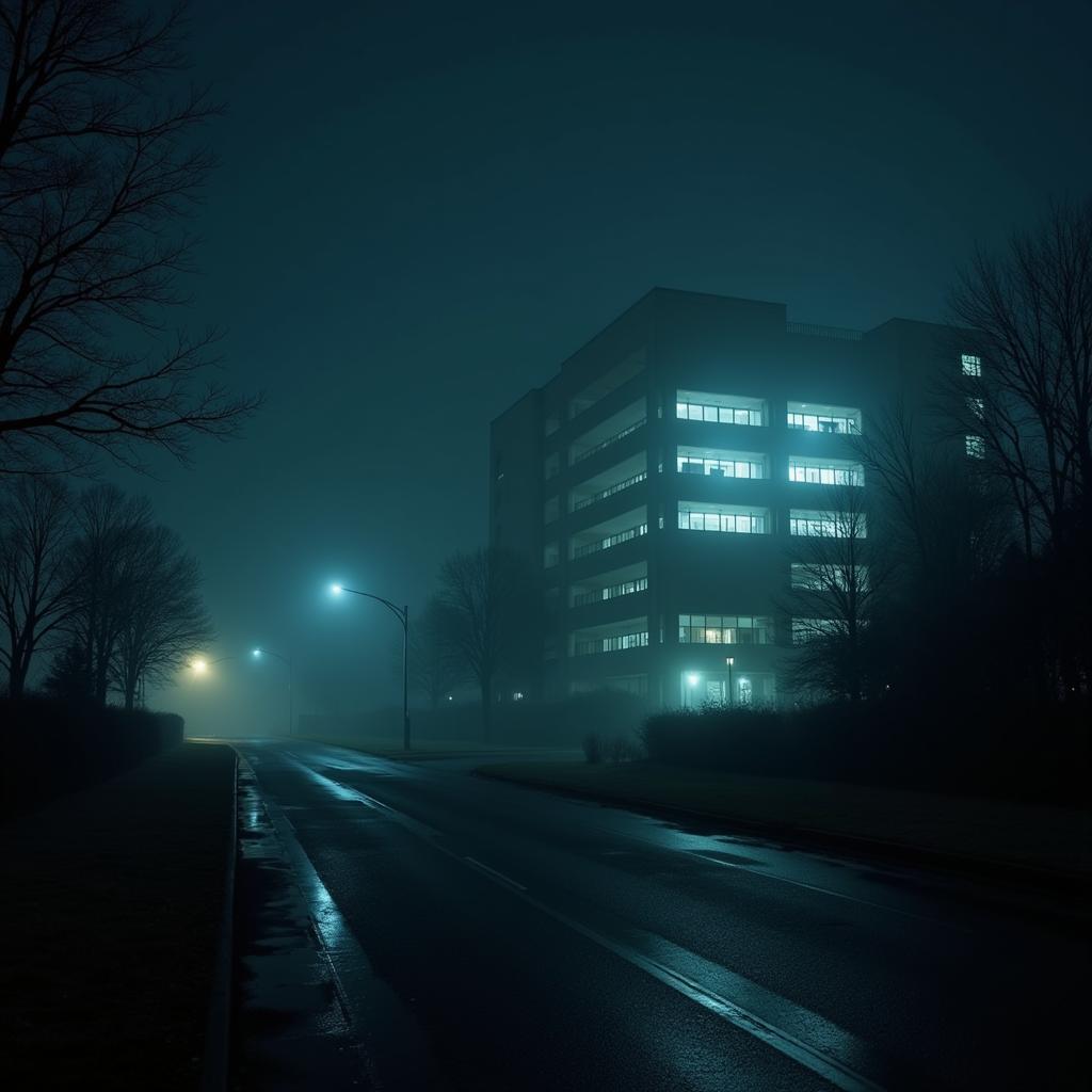 Yorktown IBM Research Center at night, shrouded in an eerie mist, with strange lights flickering in the distance.