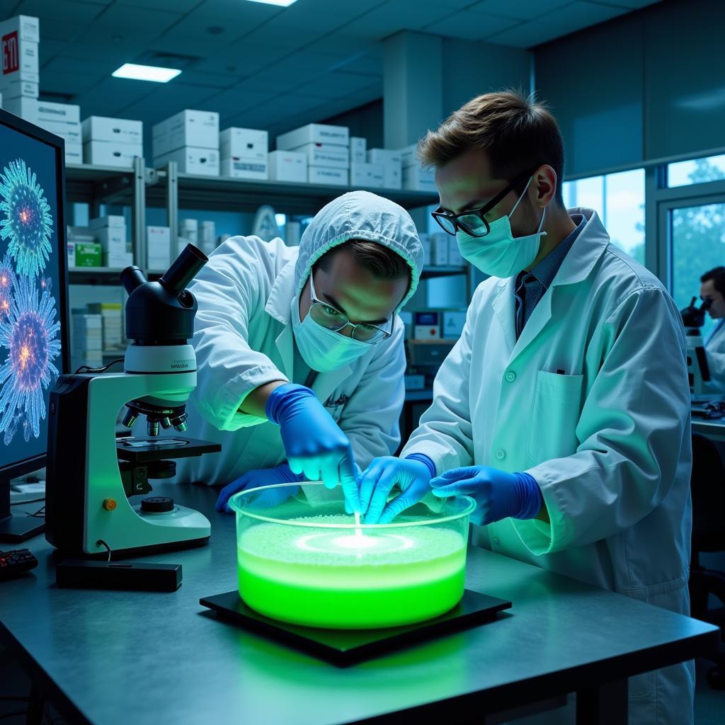 Scientists in a lab conducting research on a zombie virus