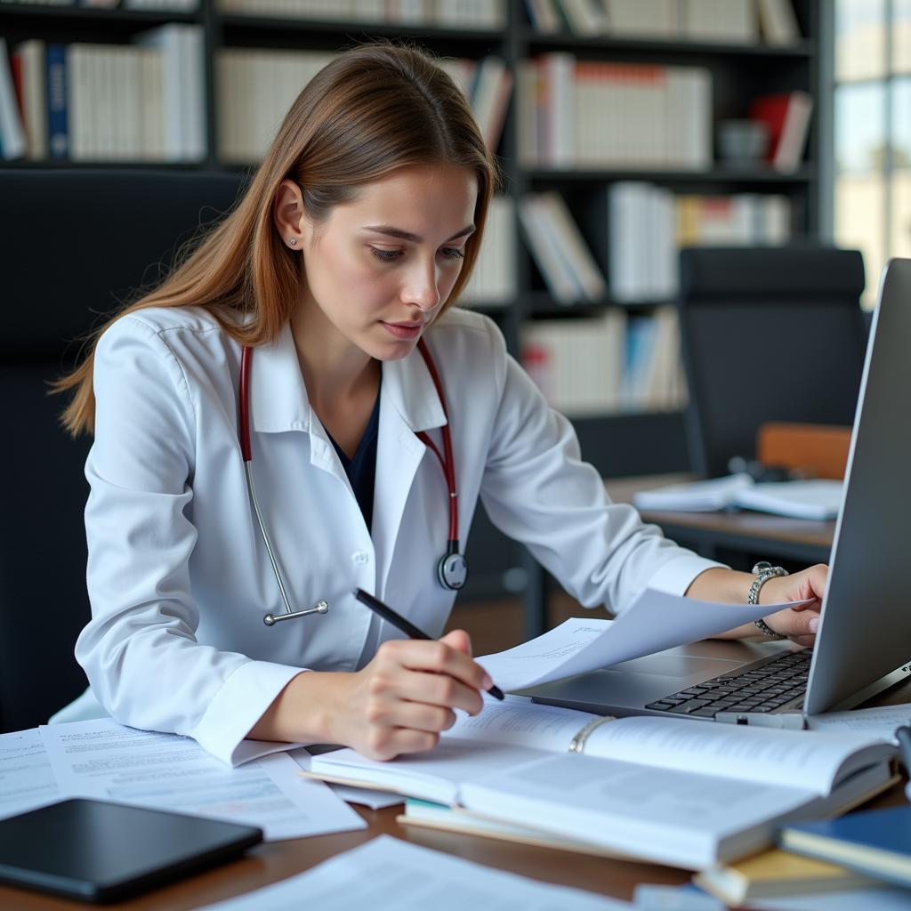 An academic researcher diligently working at their desk, surrounded by books, papers, and a computer.