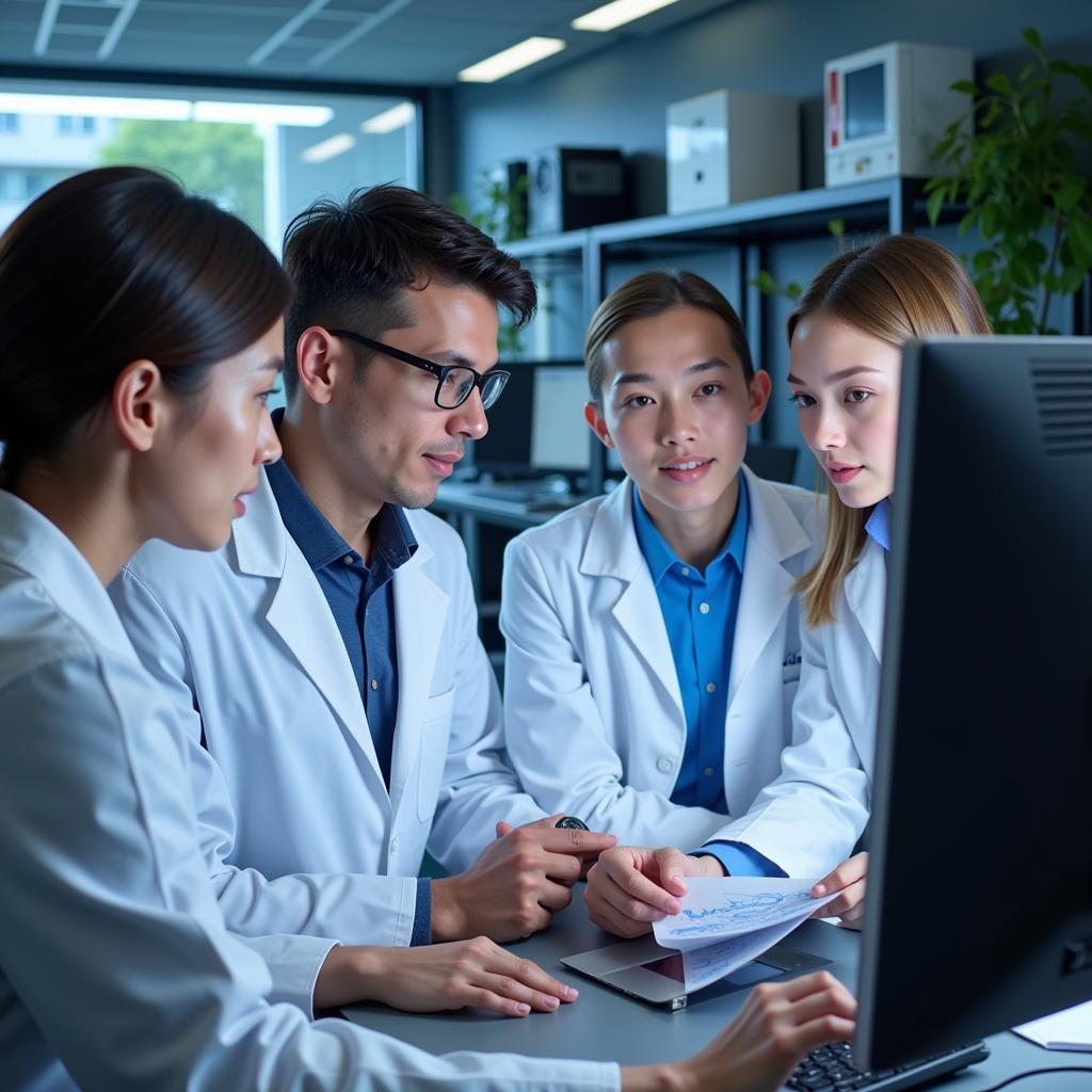 Researchers in lab coats discussing data around a computer.