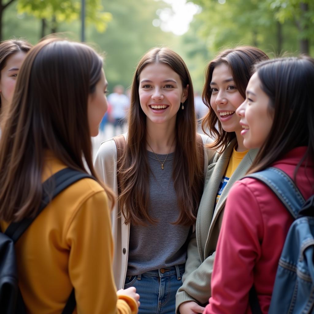 A group of teenagers interacting, demonstrating social development.